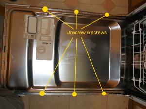 Dishwasher door inside showing screws to remove